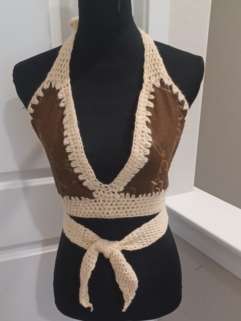 Crochet Halter Tie-Back Top in Brown and Cream
